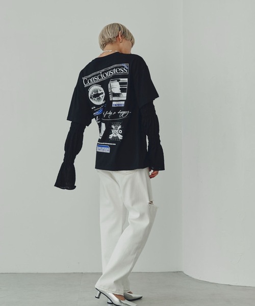 OKIRAKU(オキラク)の「(OKIRAKU×ROSE BUD)シアースリーブドッキングロンT(Tシャツ/カットソー・レディース・ブラック/ピンク・ONE SIZE)」の5枚目の写真