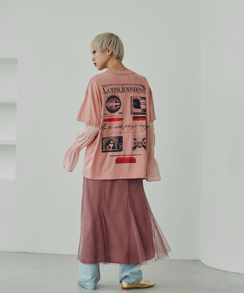 OKIRAKU(オキラク)の「(OKIRAKU×ROSE BUD)シアースリーブドッキングロンT(Tシャツ/カットソー・レディース・ブラック/ピンク・ONE SIZE)」の11枚目の写真