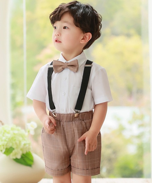 DAY CLOSET（デイ クローゼット）の「キッズスーツ 半袖シャツ+サスペンダー+ネクタイ+チェック柄パンツ シャツ 4点セット（セットアップ・キッズ・ブルー/パープル/ブラウン・150cm/110cm/120cm/130cm/140cm/100cm）」の4枚目の写真