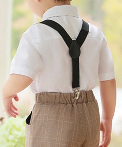 DAY CLOSET（デイ クローゼット）の「キッズスーツ 半袖シャツ+サスペンダー+ネクタイ+チェック柄パンツ シャツ 4点セット（セットアップ・キッズ・ブルー/パープル/ブラウン・150cm/110cm/120cm/130cm/140cm/100cm）」の14枚目の写真