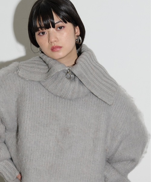 THE YOn（ザヨン）の「ハーフZIPブラッシュドシャギーニットスヌード（ネックウォーマー/スヌード・レディース・グリーン/オレンジ/チャコールグレー/グレー・FREE）」の5枚目の写真