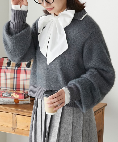 BONLECILL(ボンルシール)の「【JAMMINコラボ】バイシクルモチーフ刺繍 シャギーハーフジップポロニットプルオーバー(ニット/セーター・レディース・ブラウン/アイボリー/ワイン/ブルー/チャコールグレー・FREE)」の2枚目の写真