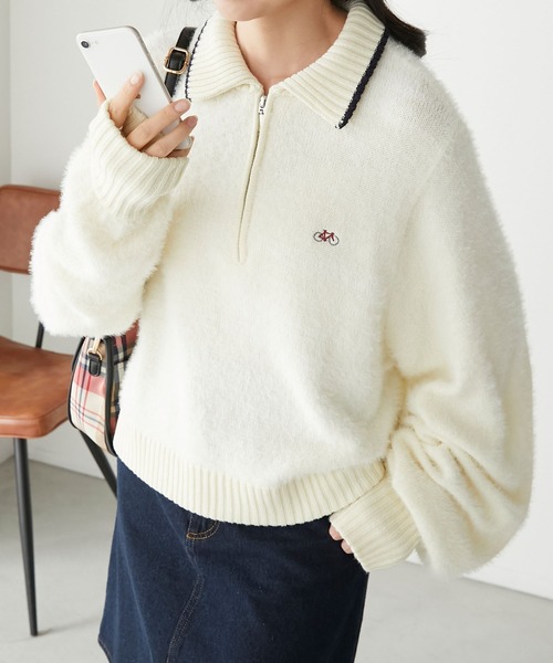 BONLECILL(ボンルシール)の「【JAMMINコラボ】バイシクルモチーフ刺繍 シャギーハーフジップポロニットプルオーバー(ニット/セーター・レディース・ブラウン/アイボリー/ワイン/ブルー/チャコールグレー・FREE)」の21枚目の写真