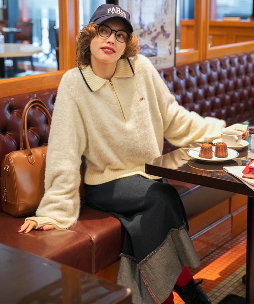BONLECILL(ボンルシール)の「【JAMMINコラボ】バイシクルモチーフ刺繍 シャギーハーフジップポロニットプルオーバー(ニット/セーター・レディース・ブラウン/アイボリー/ワイン/ブルー/チャコールグレー・FREE)」の6枚目の写真