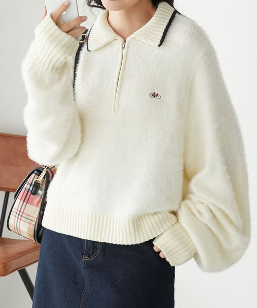 BONLECILL(ボンルシール)の「【JAMMINコラボ】バイシクルモチーフ刺繍 シャギーハーフジップポロニットプルオーバー(ニット/セーター・レディース・ブラウン/アイボリー/ワイン/ブルー/チャコールグレー・FREE)」の14枚目の写真