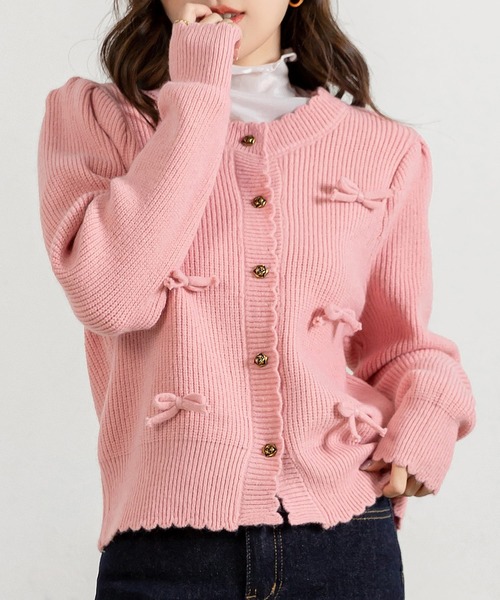 韓国っぽバレエコアstyle】長袖スカラップリボンミドルゲージニット