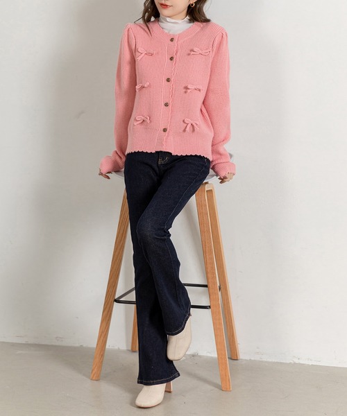 MISTREASS リボン　モーブピンク 長袖ニットカーディガン INGNI（イング） カーディガン フロントリボンモヘアニット