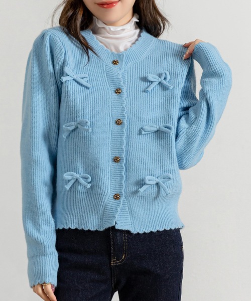 韓国っぽバレエコアstyle】長袖スカラップリボンミドルゲージニット