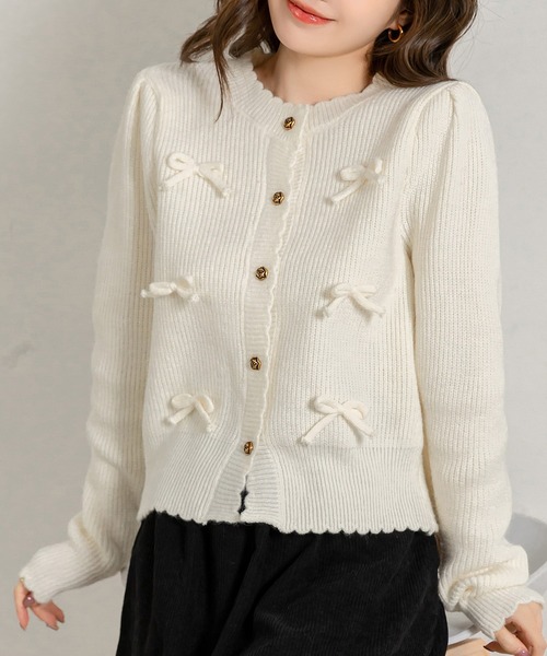 韓国っぽバレエコアstyle】長袖スカラップリボンミドルゲージニット