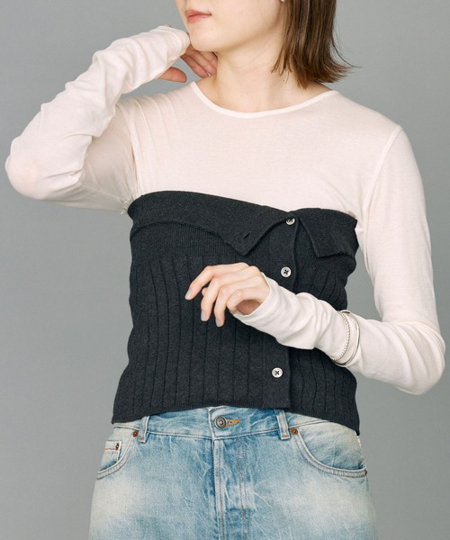 BABYLONE（バビロン）の「シアーフライスクルーネックプルオーバー（Tシャツ/カットソー・レディース・オフホワイト/チャコール/サーモンピンク・フリー）」の2枚目の写真