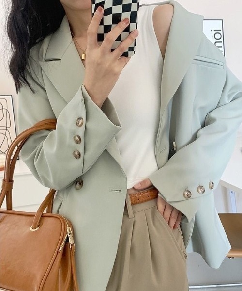 Achic（アシック）の「ルーズスタイルテーラードジャケット（テーラードジャケット・レディース・グリーン/ブラウン・M）」の15枚目の写真