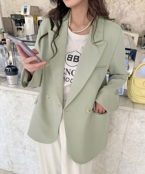 Achic（アシック）の「ルーズスタイルテーラードジャケット（テーラードジャケット・レディース・グリーン/ブラウン・M）」の4枚目の写真