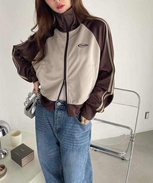 Ada.（エイダ）の「配色 ラグラン ショート丈 ダブルジップ トラックジャケット（スウェット・レディース・ネイビー/アイボリー/セージグリーン・FREE）」の6枚目の写真