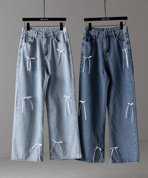 セール】※※【 2color 】サテンリボンバレエコアストレートデニム