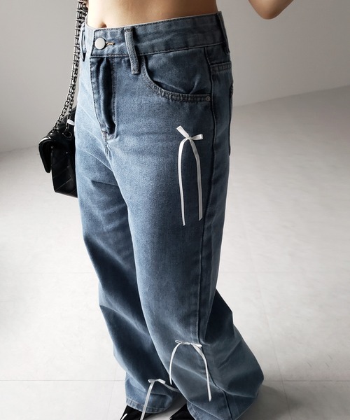 セール】※※【 2color 】サテンリボンバレエコアストレートデニム
