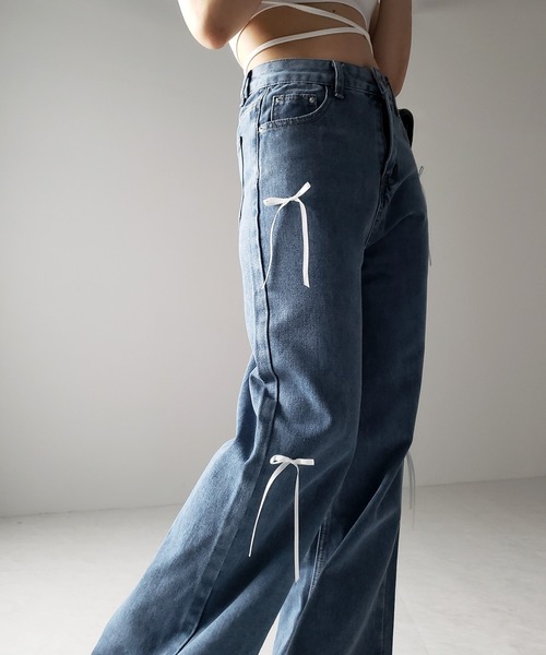 me+em select（ミームセレクト）の「※※【 ２color 】サテンリボンバレエコアストレートデニム ／ satin ribbon ballet core straight denim（デニムパンツ・レディース・ダークブルー/ライトブルー・LARGE/MEDIUM/SMALL）」の9枚目の写真