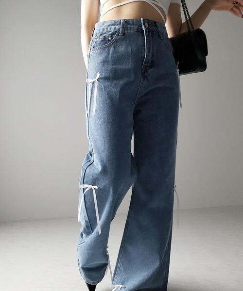 me+em select（ミームセレクト）の「※※【 ２color 】サテンリボンバレエコアストレートデニム ／ satin ribbon ballet core straight denim（デニムパンツ・レディース・ダークブルー/ライトブルー・LARGE/MEDIUM/SMALL）」の10枚目の写真
