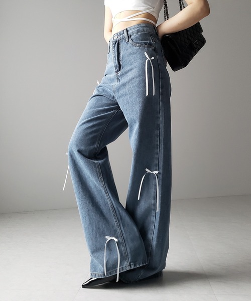 me+em select（ミームセレクト）の「※※【 ２color 】サテンリボンバレエコアストレートデニム ／ satin ribbon ballet core straight denim（デニムパンツ・レディース・ダークブルー/ライトブルー・LARGE/MEDIUM/SMALL）」の5枚目の写真