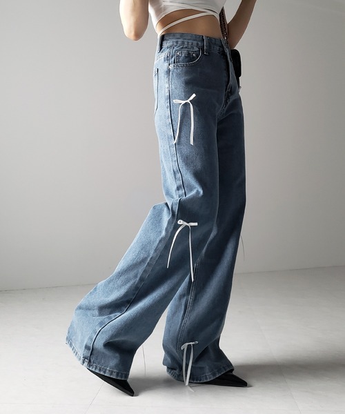 me+em select（ミームセレクト）の「※※【 ２color 】サテンリボンバレエコアストレートデニム ／ satin ribbon ballet core straight denim（デニムパンツ・レディース・ダークブルー/ライトブルー・LARGE/MEDIUM/SMALL）」の11枚目の写真