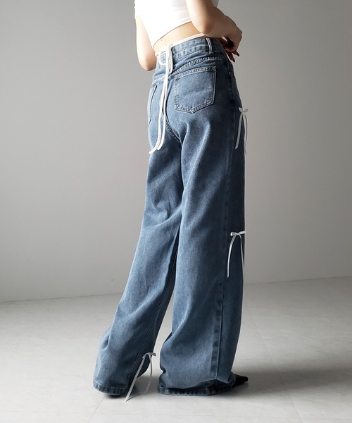 me+em select（ミームセレクト）の「※※【 ２color 】サテンリボンバレエコアストレートデニム ／ satin ribbon ballet core straight denim（デニムパンツ・レディース・ダークブルー/ライトブルー・LARGE/MEDIUM/SMALL）」の12枚目の写真