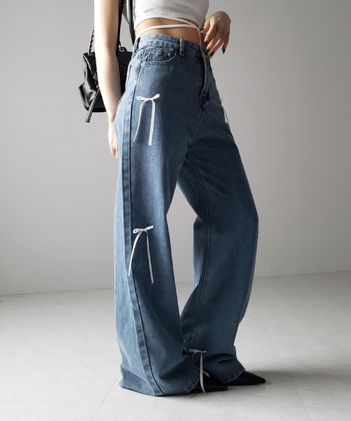 me+em select（ミームセレクト）の「※※【 ２color 】サテンリボンバレエコアストレートデニム ／ satin ribbon ballet core straight denim（デニムパンツ・レディース・ダークブルー/ライトブルー・LARGE/MEDIUM/SMALL）」の13枚目の写真