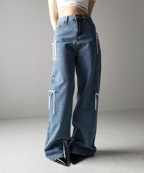 セール】※※【 2color 】サテンリボンバレエコアストレートデニム