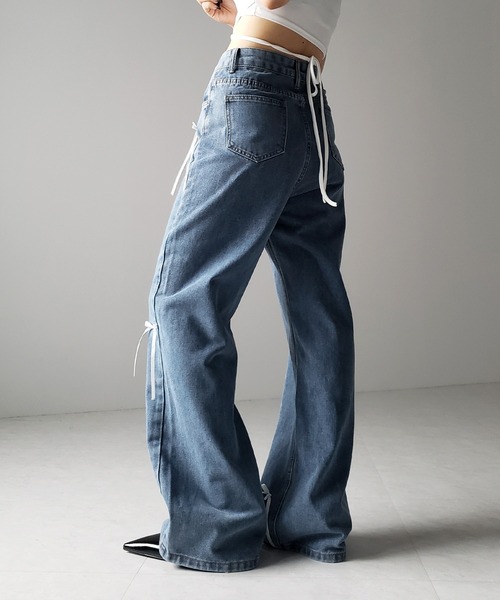 me+em select（ミームセレクト）の「※※【 ２color 】サテンリボンバレエコアストレートデニム ／ satin ribbon ballet core straight denim（デニムパンツ・レディース・ダークブルー/ライトブルー・LARGE/MEDIUM/SMALL）」の15枚目の写真