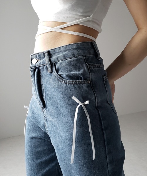 me+em select（ミームセレクト）の「※※【 ２color 】サテンリボンバレエコアストレートデニム ／ satin ribbon ballet core straight denim（デニムパンツ・レディース・ダークブルー/ライトブルー・LARGE/MEDIUM/SMALL）」の16枚目の写真