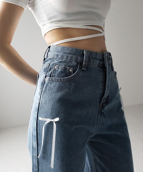 me+em select（ミームセレクト）の「※※【 ２color 】サテンリボンバレエコアストレートデニム ／ satin ribbon ballet core straight denim（デニムパンツ・レディース・ダークブルー/ライトブルー・LARGE/MEDIUM/SMALL）」の17枚目の写真