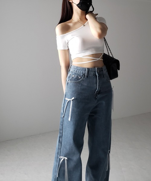 me+em select（ミームセレクト）の「※※【 ２color 】サテンリボンバレエコアストレートデニム ／ satin ribbon ballet core straight denim（デニムパンツ・レディース・ダークブルー/ライトブルー・LARGE/MEDIUM/SMALL）」の19枚目の写真