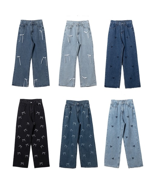 me+em select（ミームセレクト）の「※※【 ２color 】サテンリボンバレエコアストレートデニム ／ satin ribbon ballet core straight denim（デニムパンツ・レディース・ダークブルー/ライトブルー・LARGE/MEDIUM/SMALL）」の3枚目の写真