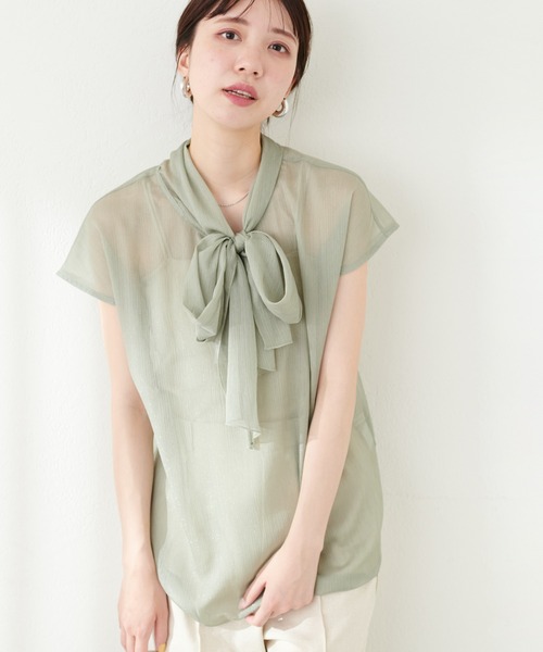 natural couture(ナチュラルクチュール)の「フレンチスリーブボータイブラウス(シャツ/ブラウス・レディース・ネイビー/ミント/その他1/ドット・FREE)」の6枚目の写真