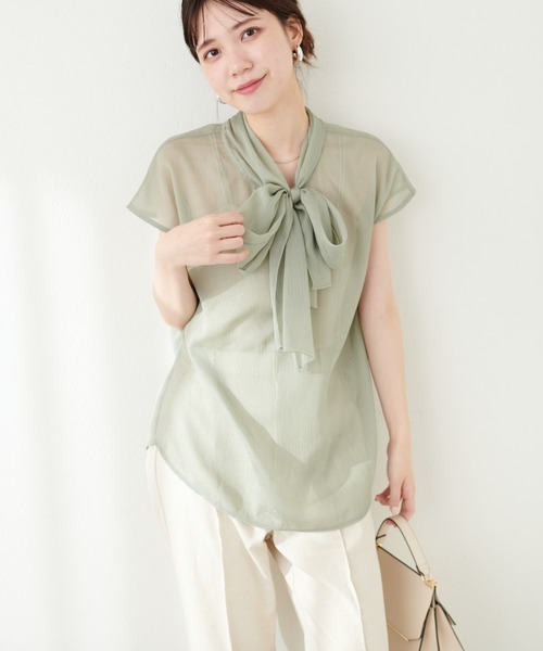 natural couture(ナチュラルクチュール)の「フレンチスリーブボータイブラウス(シャツ/ブラウス・レディース・ネイビー/ミント/その他1/ドット・FREE)」の7枚目の写真