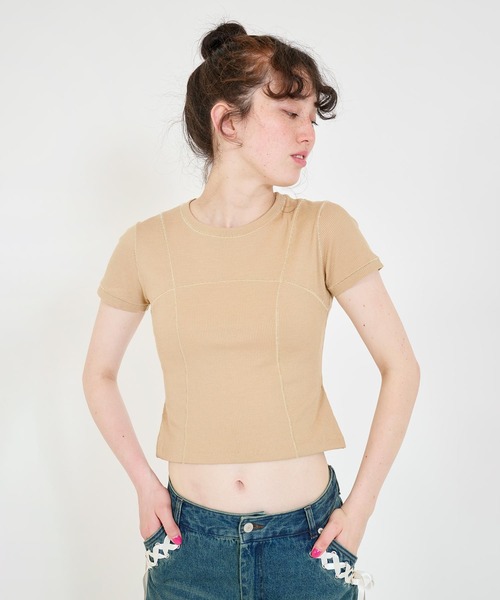 刺繍 コンパクトTシャツ TINA：JOJUN セール】コンパクト リブTシャツ TINA：JOJUN（Tシャツ