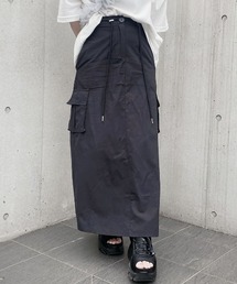 Reurie' | ナイロン カーゴスカート/nylon cargo skirt ロング丈 ミドル丈 ウエストゴム ポケット付き 大人カジュアル 韓国 黒 ブラック(スカート)