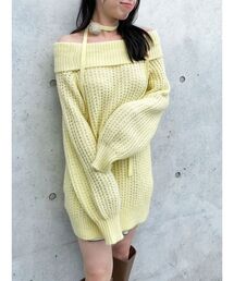 イエロー オフショルダー ニットセーター OFF-SHOULDER COTTON SWEATER：ニット（ニット／セーター