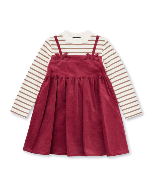 【セール】ボーダーハイネックドッキングコーデュロイワンピース(80~150cm)（ワンピース）｜BeBe（ベベ）