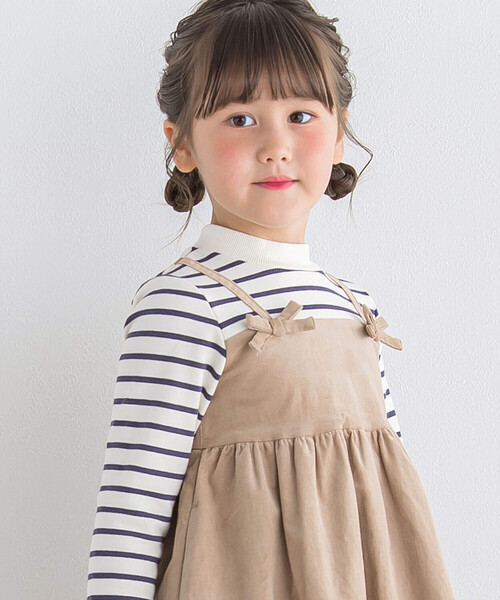【セール】ボーダーハイネックドッキングコーデュロイワンピース(80~150cm)（ワンピース）｜BeBe（ベベ）