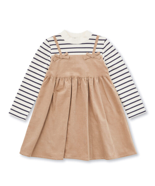 【セール】ボーダーハイネックドッキングコーデュロイワンピース(80~150cm)（ワンピース）｜BeBe（ベベ）