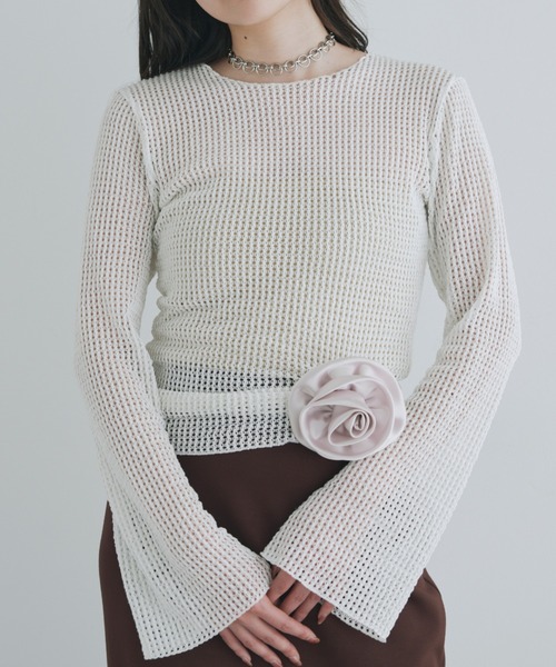 kiehtova（キエトヴァ）の「【kiehtova】BELL SLEEVE MESH KNIT/ベルスリーブ メッシュ ニット（Tシャツ/カットソー・レディース・ブラック/ホワイト・FREE）」の2枚目の写真