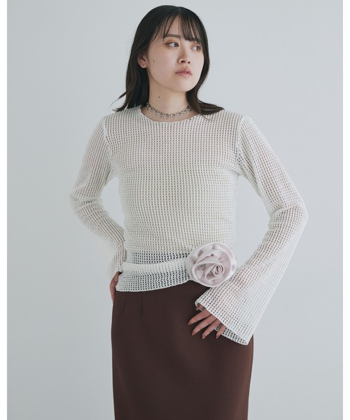 kiehtova（キエトヴァ）の「【kiehtova】BELL SLEEVE MESH KNIT/ベルスリーブ メッシュ ニット（Tシャツ/カットソー・レディース・ブラック/ホワイト・FREE）」の7枚目の写真