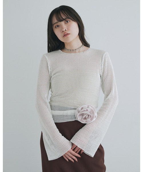 kiehtova（キエトヴァ）の「【kiehtova】BELL SLEEVE MESH KNIT/ベルスリーブ メッシュ ニット（Tシャツ/カットソー・レディース・ブラック/ホワイト・FREE）」の8枚目の写真