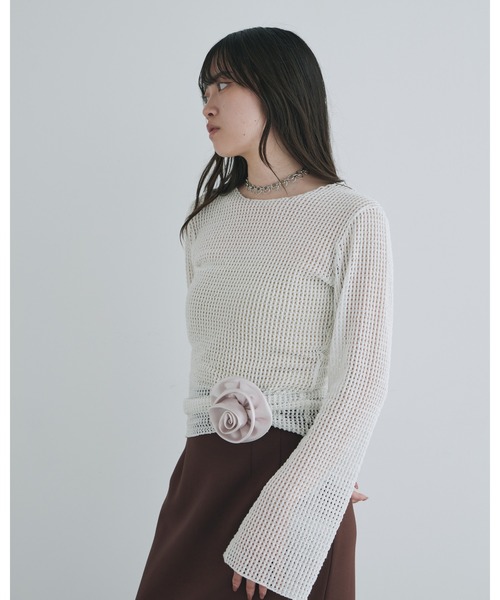 kiehtova（キエトヴァ）の「【kiehtova】BELL SLEEVE MESH KNIT/ベルスリーブ メッシュ ニット（Tシャツ/カットソー・レディース・ブラック/ホワイト・FREE）」の9枚目の写真