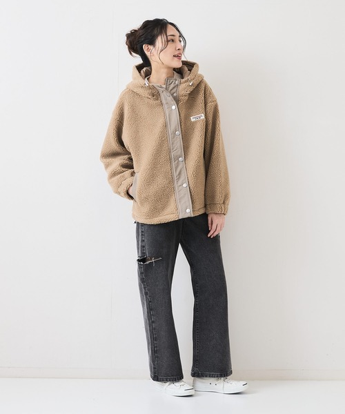 CONVERSE（コンバース）の「【CONVERSE/コンバース】ブランドネームタグ シープボア切り替え フードジャケット/フーディ―/ドローコード付（ブルゾン・レディース・アイボリー/グレイッシュブルー/ブラック/ベージュ・LARGE/MEDIUM）」の9枚目の写真