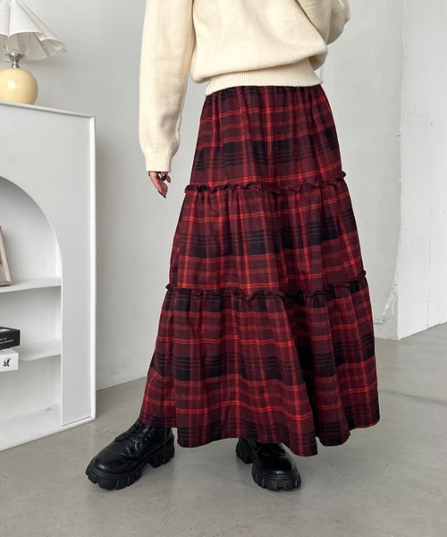 CLEA（クレア）の「チェック柄ティアードロングスカート（スカート