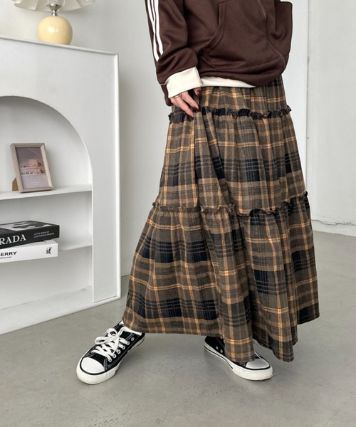CLEA（クレア）の「チェック柄ティアードロングスカート（スカート・レディース・ブラック/イエロー/レッド・FREE）」の13枚目の写真