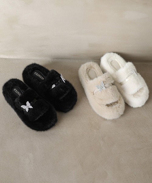 Miniministore(ミニミニストア)の「厚底ファーサンダル 蝶々 スリッパ 秋冬(サンダル・レディース・ベージュ/オフホワイト/ブラック・22.5cm/23.0cm/23.5cm/24.0cm/25.0cm/24.5cm)」の5枚目の写真