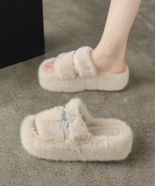 Miniministore(ミニミニストア)の「厚底ファーサンダル 蝶々 スリッパ 秋冬(サンダル・レディース・ベージュ/オフホワイト/ブラック・22.5cm/23.0cm/23.5cm/24.0cm/25.0cm/24.5cm)」の16枚目の写真