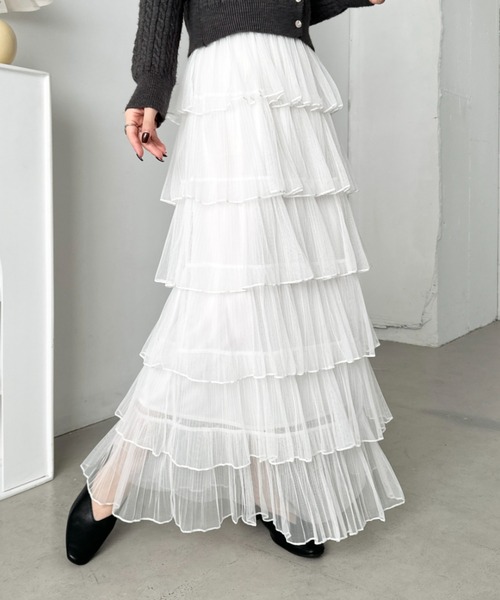 CLEA(クレア)の「チュールフリルティアードスカート(スカート・レディース・ブラック/アイボリー/ピンク/ホワイト・FREE)」の2枚目の写真