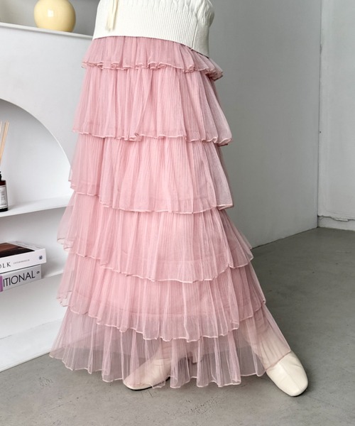 CLEA(クレア)の「チュールフリルティアードスカート(スカート・レディース・ブラック/アイボリー/ピンク/ホワイト・FREE)」の4枚目の写真